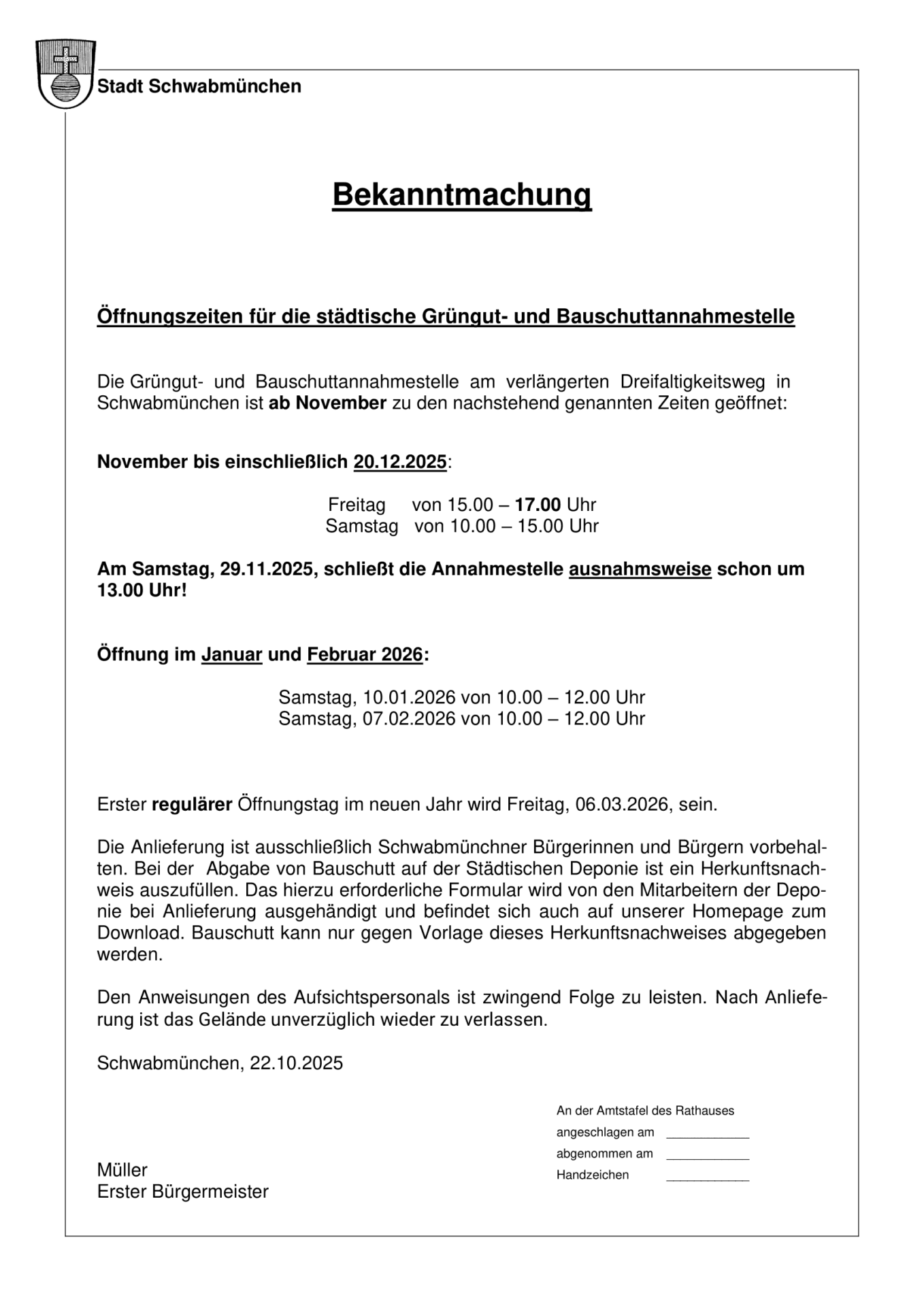 Bekanntmachung Öffnungszeiten städtische Grün- und Bauschuttannahme